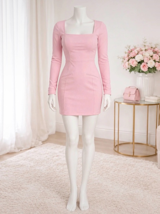 OQQ Dresses & Skirts - Square Neck Sz XL Long Sleeve Pink Mini Dress